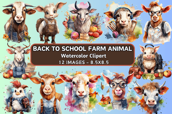 Back to School Farm Animal Watercolor Clipart: Your Go-To for Whimsical Designs