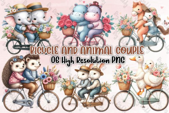 Charming Bicycle and Animal Couple Clipart PNG