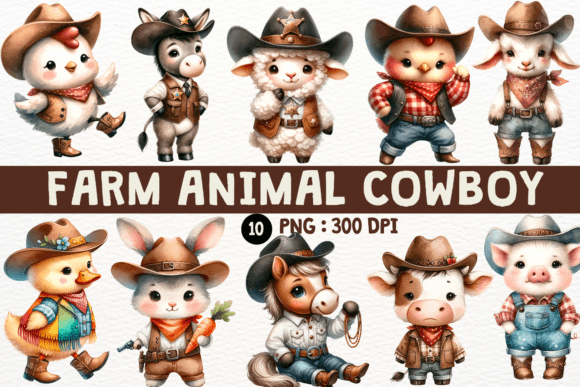 Charming Watercolor Cowboy Farm Animal Clipart for Creatives