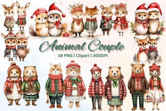Christmas Animal Couple Watercolor Art: Festive Design Assets
