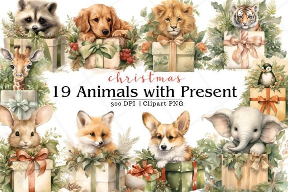 Christmas Animal with Present Watercolor: Festive Design Charm