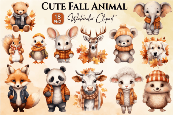 Cute Fall Animal Watercolor Clipart Png