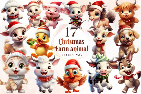 Playful Christmas Farm Animal Clipart for Holiday Crafts